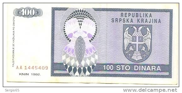 REPUBLIKA SRPSKA - 100 DIN - 1992. - Bosnia And Herzegovina