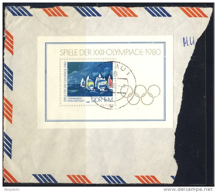 1980 East Germany Complete Genuinely Used Souvenir Sheet Of 1 Stamp"Moscow Olympics."still On Part Of Original Letter - Other & Unclassified