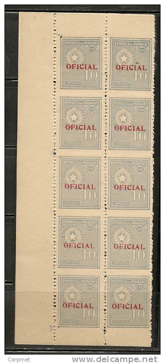 PARAGUAY -  VARIETY  HORIZONTALLY IMPERFORATE MARGINAL PANE OF 10 - SG O474  - MINT NH - Oddities On Stamps