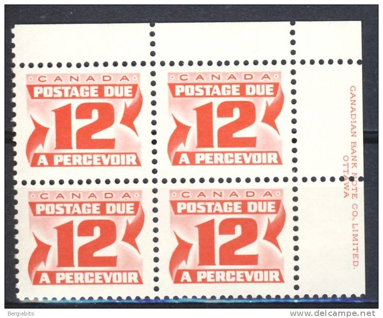 1977-78 Canada MNH Upper Right 12 Cents Plate Block Of The Last Postage Due Issue Scarce! - Strafport