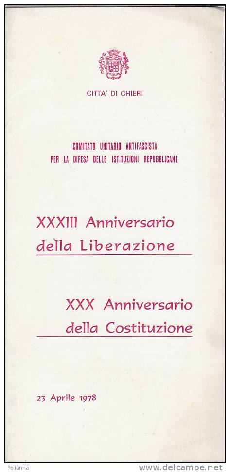 B0577# Programma XXXIII ANNIVERSARIO DELLA LIBERAZIONE-XXX ANNIVERSARIO COSTITUZIONE 1978 Comitato Antifascista - Programas