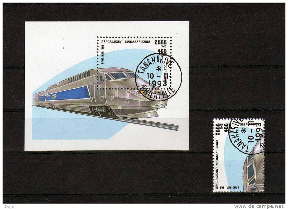 Historische Lokomotiven 1993 Madagaskar 1569+Block 238 O 6€ Lok TVG Alsthorn Europa-Zug Hojita Train Sheet Bf Madagascar - Madagascar (1960-...)