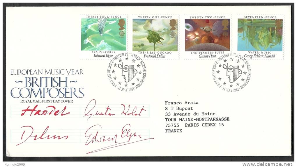 1985 GB FDC BRITISH COMPOSERS - EUROPA - 002 - 1981-1990 Em. Décimales