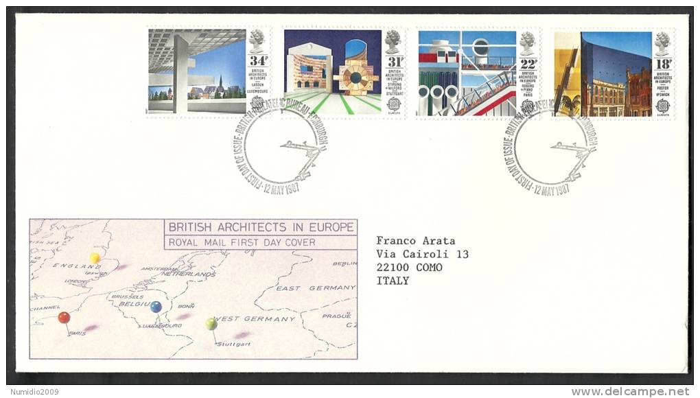 1987 GB FDC BRITISH ARCHITECTS IN EUROPE - EUROPA - 002 - 1981-1990 Em. Décimales