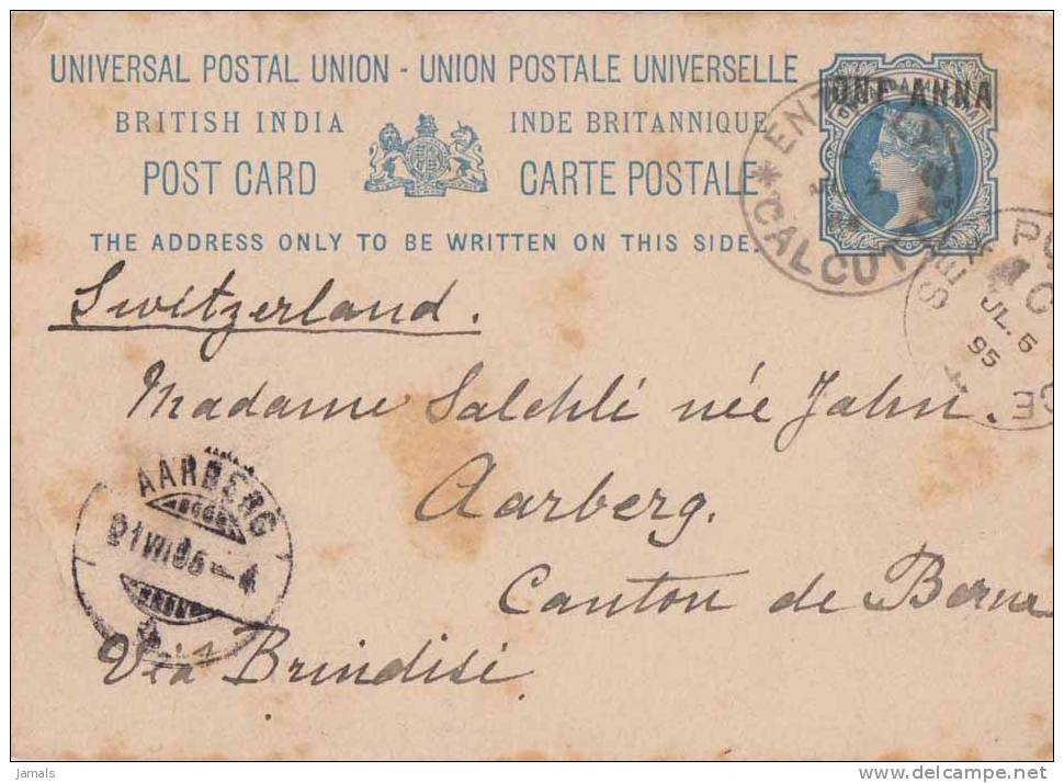 Br India Queen Victoria, Postal Stationery, UPU Card, 1 An Overprint, Sea Post Office, Sent To Berne, India As Scan - 1882-1901 Empire