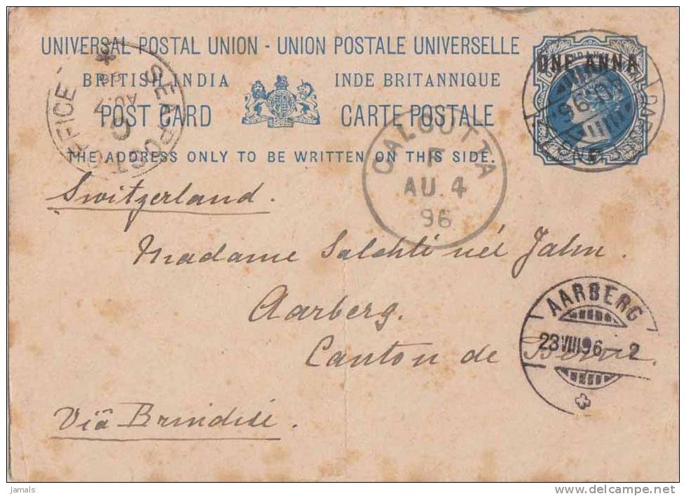 Br India Queen Victoria, Postal Stationery, UPU Card, 1 An Overprint, Sea Post Office, Sent To Berne, India As Scan - 1882-1901 Empire