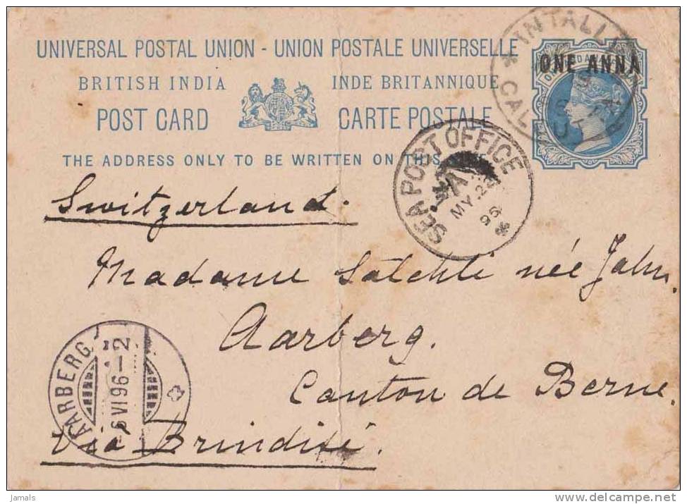 Br India Queen Victoria, Postal Stationery, UPU Card, 1 An Overprint, Sea Post Office, Sent To Berne, India As Per Scan - 1882-1901 Empire