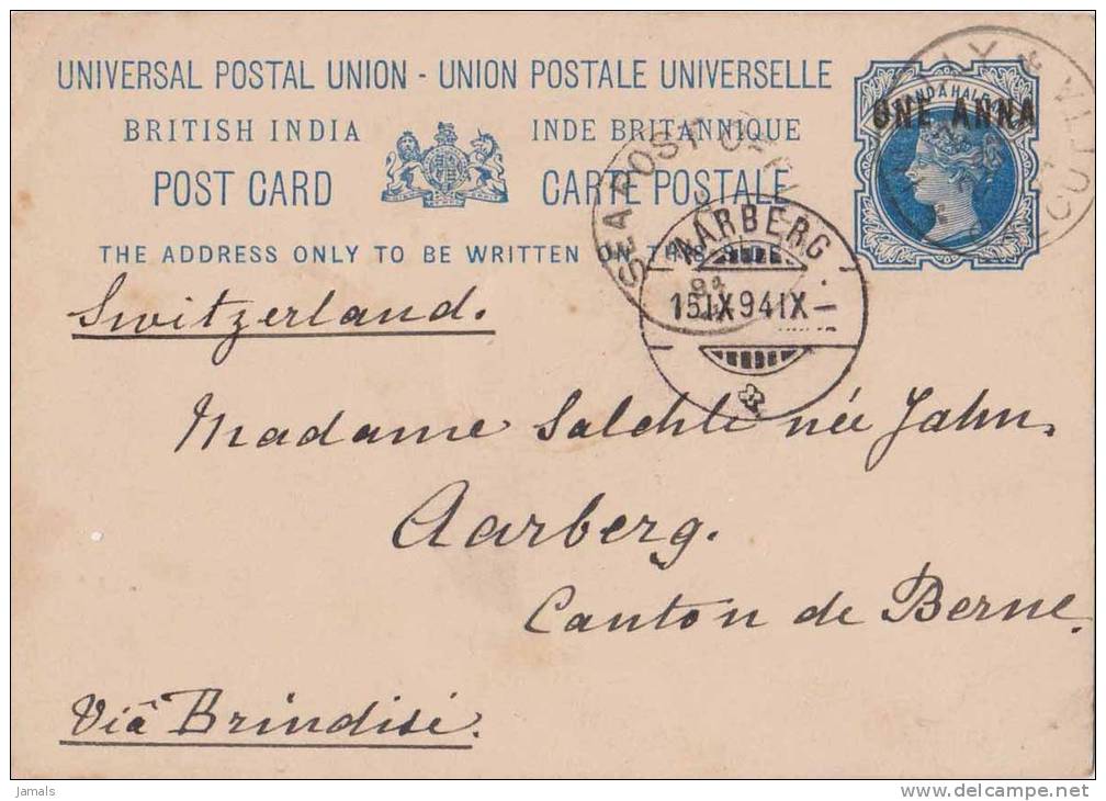 Br India Queen Victoria, Postal Stationery, UPU Card, 1 An Overprint, Sea Post Office, Sent To Berne, India As Per Scan - 1882-1901 Impero