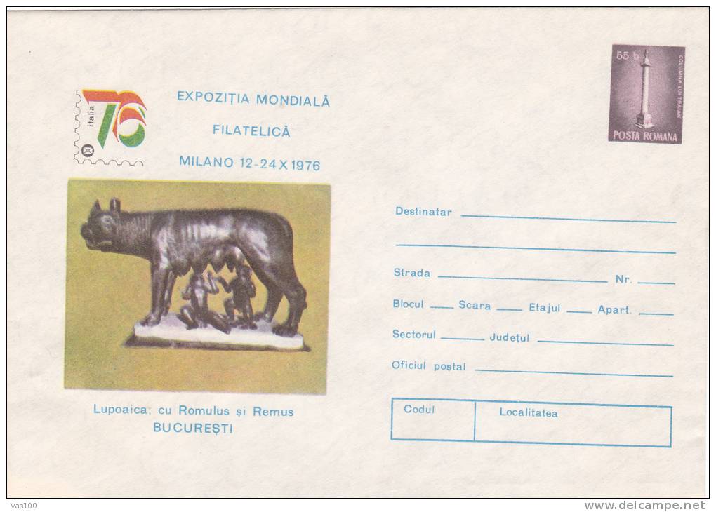 World International Exhibition Milano 1976 Romulus And Remus Wolf Cover Stationery Unused Romania. - Autres & Non Classés