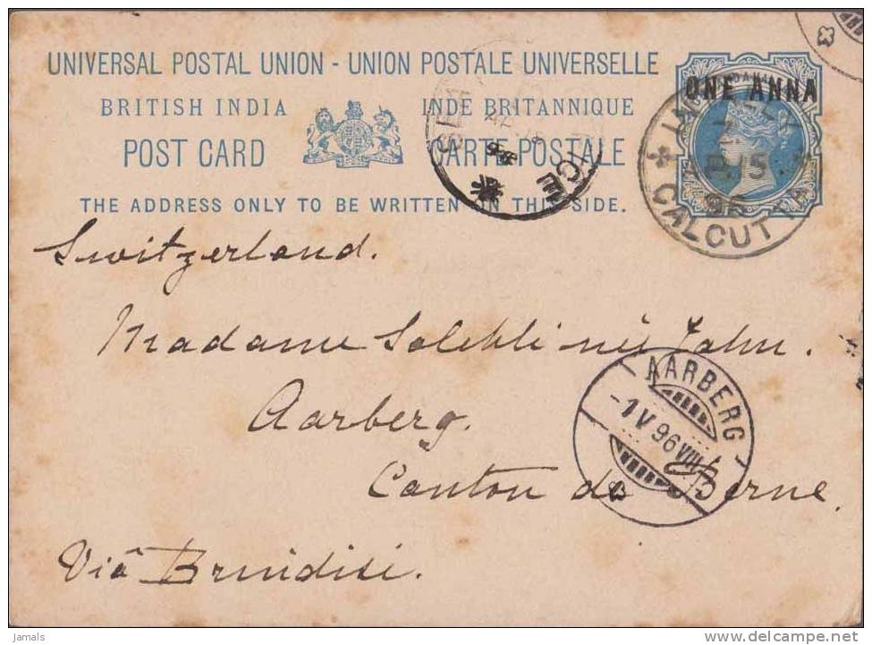 Br India Queen Victoria, Postal Stationery, UPU Card, 1 An Overprint, Sea Post Office, Sent To Berne, India As Per Scan - 1882-1901 Empire