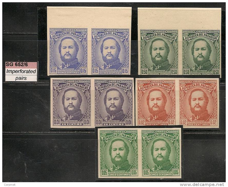 PARAGUAY -  1947 VARIETY  IMPERFORATE PAIRS Marechal FRANCISCO SOLANO LOPEZ Complete Set-SG 652/6- Yvert # 464/8 MINT LH - Fehldrucke