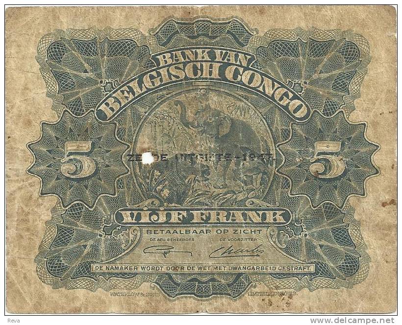 BELGIUM CONGO 5 FRANCS GREEN  WOMAN FRONT ELEPHANT ANIMAL BACK DATED 10-04-1947 P30b AF READ DESCRIPTION - Belgian Congo Bank