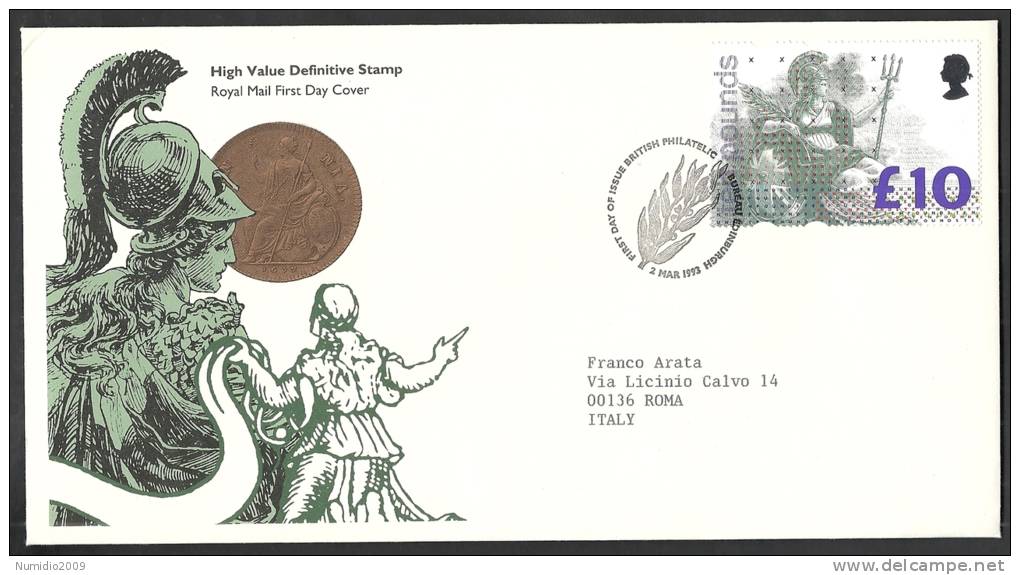 1993 GB FDC HIGH VALUE DEFINITIVE STAMP 10 £ - 003 - 1991-2000 Decimal Issues