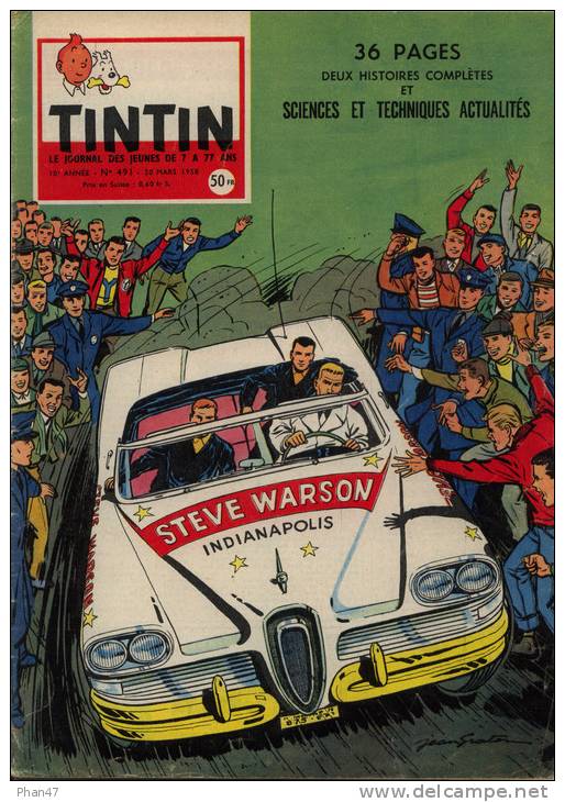 TINTIN JOURNAL 491 1958, STEVE WARSON Indianopolis (J. Graton), Simca Aronde à Montlhéry, Vespa, Hep! Taxi, Belinographe - Tintin