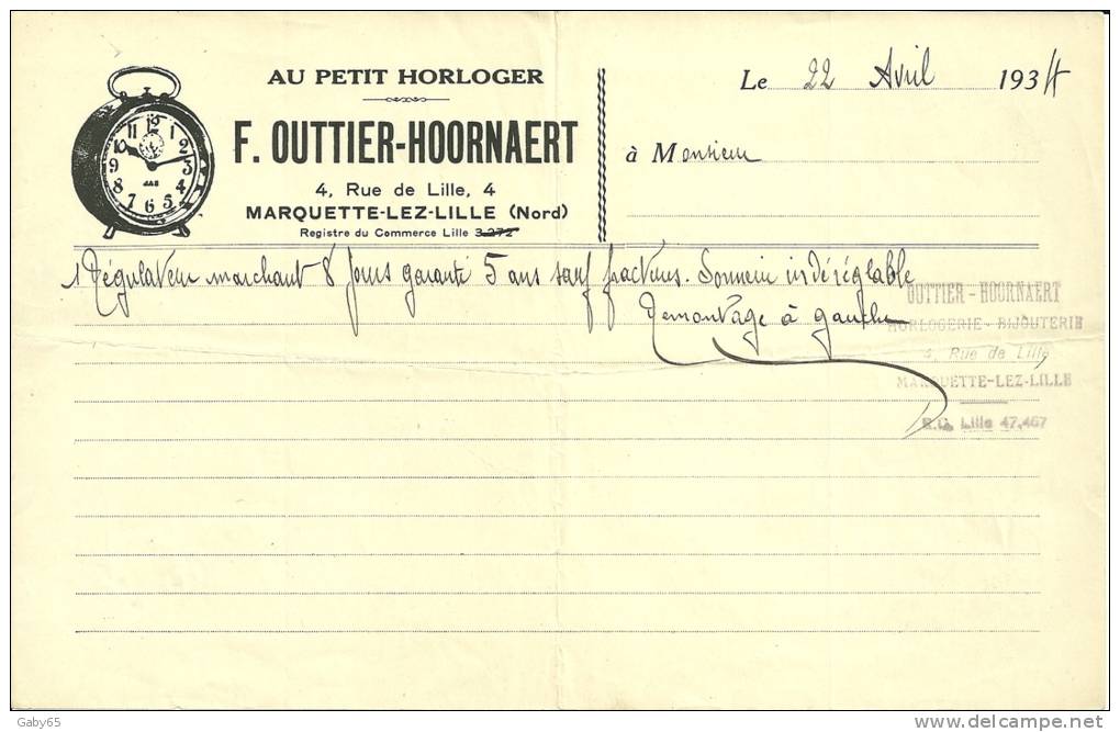 59.NORD. MARQUETTE LEZ LILLE. AU PETIT HORLOGER. F.OUTTIER-HOORNAERT. - Other & Unclassified