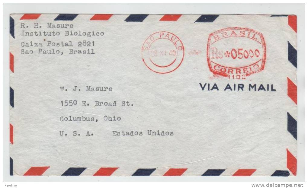 Brazil Air Mail Cover With Meter Cancel Sao Paulo 28-11-1940 Sent To USA - Posta Aerea