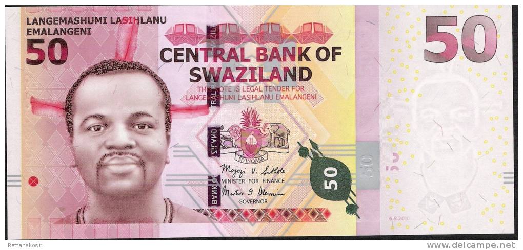 SWAZILAND P38 50 EMALANGENI  2010 LOW NUMBER # AA0000654 Signature 9b   UNC. - Swaziland