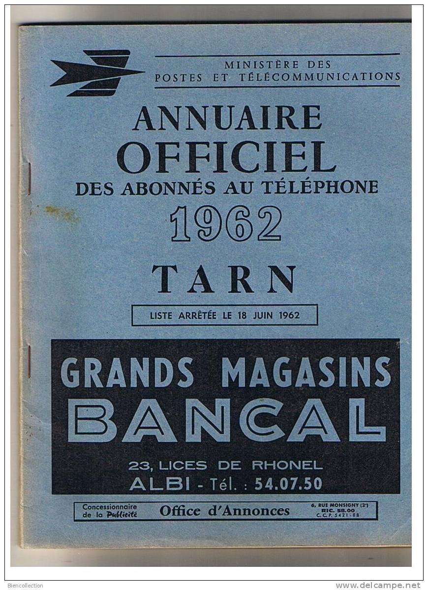 Tarn.Annuaire Téléphonique 1962 - Directorios Telefónicos