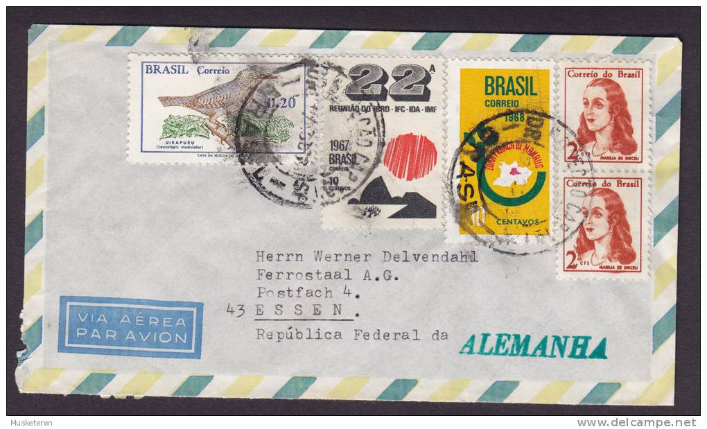 Brazil Via Aerea Airmail Par Avion Mult Franked 1968 Cover ESSEN Germany Bird Vogel Marilia De Dirceu - Luchtpost