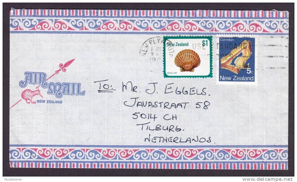 New Zealand Airmail NEW PLYMOUTH 1980 Cover To TILBURG Netherlands Scallop Carnelian Stamps Kiwi Cachet - Luftpost