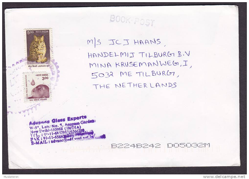 India ADVANCE GLASS EXPORTS New Delhi BOOK-POST Cover TILBURG Netherlands Leopard Cat - Lettres & Documents