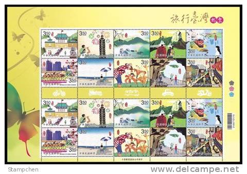 NT$3.50 2011 Greeting Stamps Sheet-Travel Train Firework Boat Flower Butterfly Bicycle Motorbike Car Museum Lake Bus - Bus