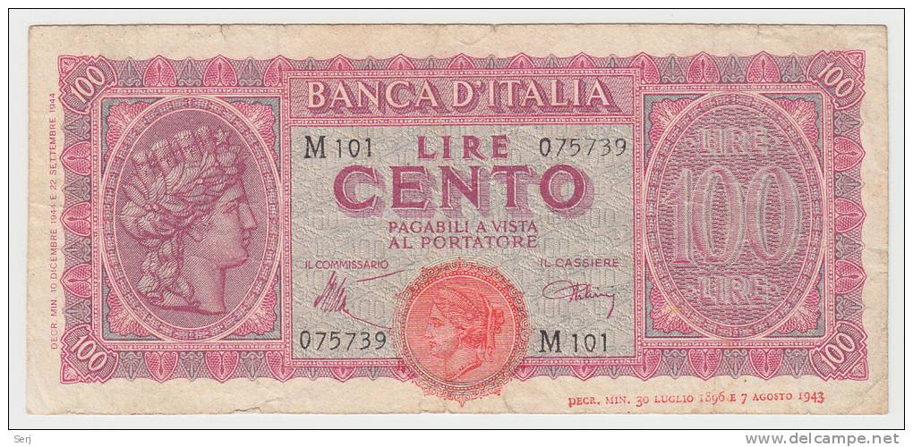 Italy 100 Lire 1944 "F+" P 75a 75 A - 100 Lire