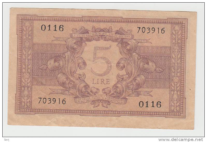 ITALY 5 Lire 1944 VF++ P 31a 31 A (Ventura-Simoneschi-Giovinco) - Italië– 5 Lire