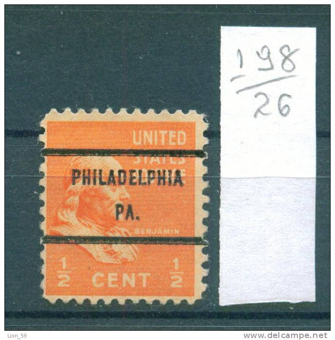 26K198 // PHILADELPHIA PA.  - Commonwealth Pennsylvania - Precancel, Preo, Vorausentwertung,United States Etats-Unis USA - Préoblitérés