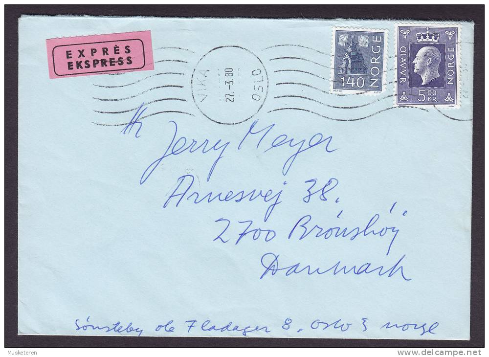 Norway EXPRÉS EKSPRESS Label VIKA OSLO 1980 Cover To BRØNSHØJ Denmark (2 Scans) - Storia Postale