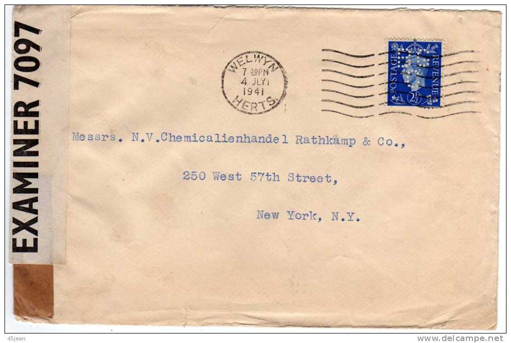 Grande Bretagne: 1941 Très Belle Lettre Vers New York Passée Par La Censure Timbre Perforé Perfing Stamp BGC - Perforés