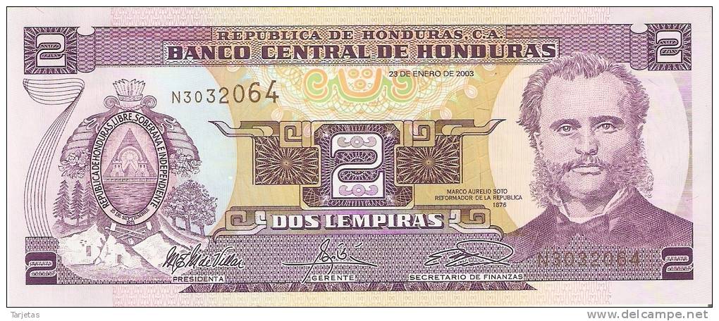 BILLETE DE HONDURAS DE 2 LEMPIRAS  (BANKNOTE) SIN CIRCULAR - Honduras