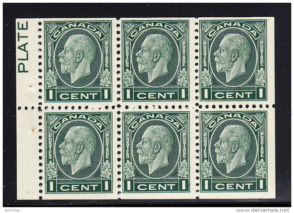 Canada MNH Scott #195bi Booklet Pane Of 6 With Tab Inscribed 'PLATE' 1c George V Medallion - Pagine Del Libretto