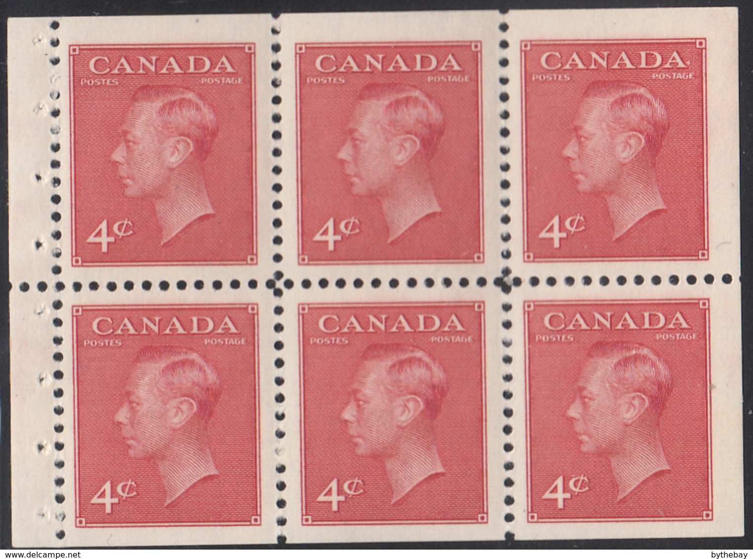 Canada Scott #287bi MNH Booklet Pane Of 6 4c George VI With 'Postes-Postage' Stitched Tab - Pages De Carnets