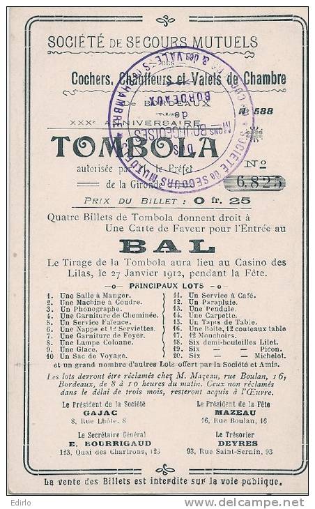 BORDEAUX Tombola Des Cochers Chauffeurs Et Valets De Chambre -  Fêtes Du Secours Mutuel -TTB - Billetes De Lotería