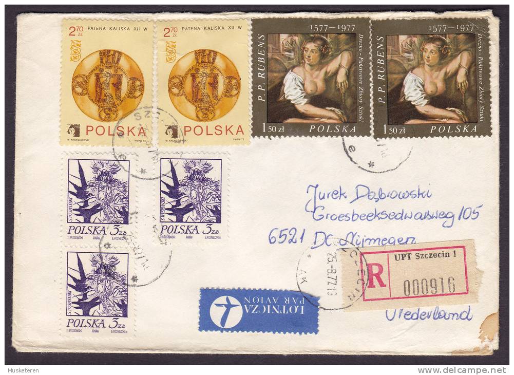 Poland Airmail Par Avion Registered Recommandée Einschreiben UPT SZCZECIN 1977 Cover Netherlands P.P. Rubens (2 Scans) - Avions