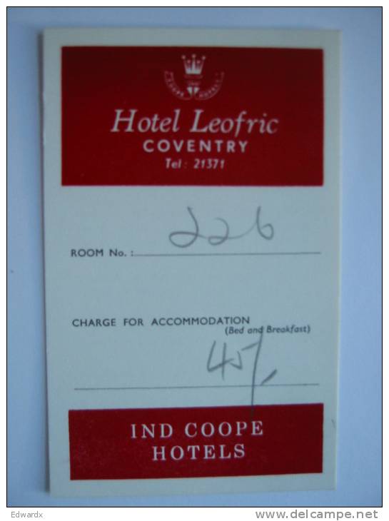 Hotel Leofric Coventry England 45/- Receipt 1960s Ind Coope Hotels - Historical Documents