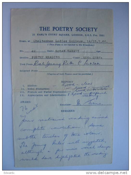 The Poetry Society Examination In Diction And Verse Speaking Cheltenham UK 1965 Susan Harvey  #4 - Historical Documents