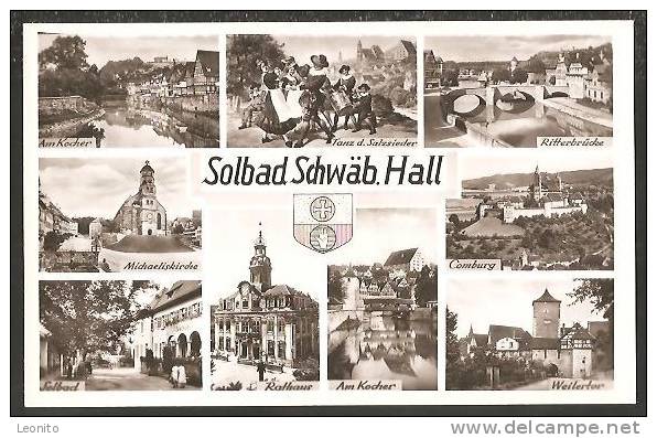 Solbad Schwäbisch Hall 9-Bilder-Ansichtskarte Mit Wappen Ca. 1955 - Schwaebisch Hall