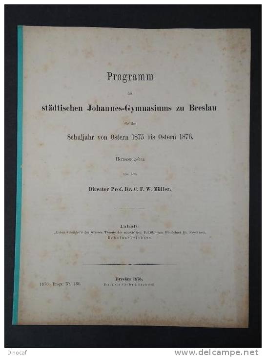 "Programm Des Städtischen Johannes-Gymnasiums Zu Breslau", Breslau 1876, 42 Seiten - Altri & Non Classificati