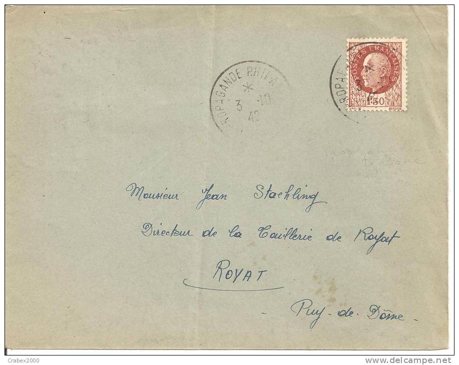 N° 517   PROPAGANDE PHILATELIQUE PARIS Vers ROYAT  Le   03 OCTOBRE 1942 - Lettres & Documents