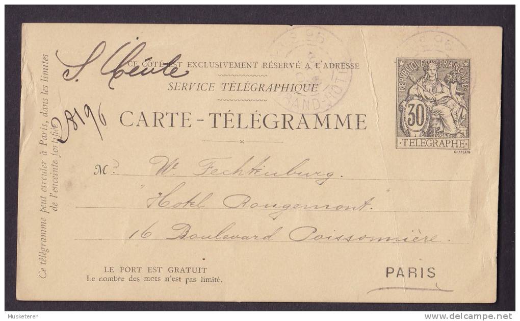 France Postal Stationery Ganzsache Entier Carte-Télégramme PARIS 96, Grand Hotel 1896 To Hotel Rougemont (2 Scans) - Pneumatici