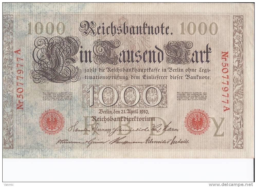 1910 A - Billet 1000 Mark - Allemagne - Série A : N° 5077977A - 1.000 Mark