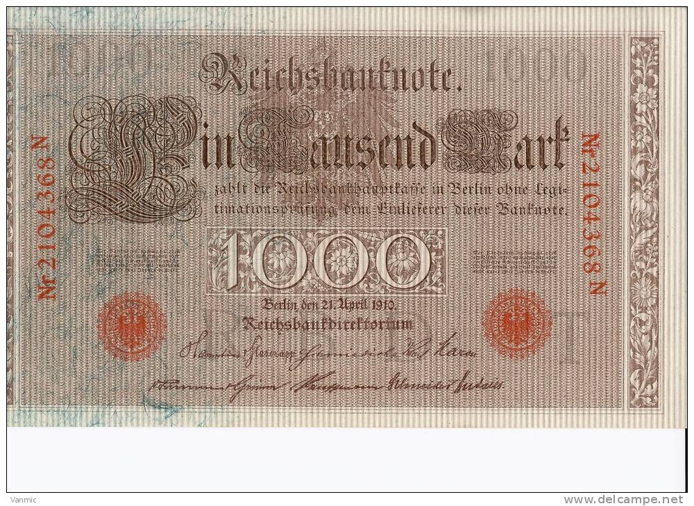 1910 N - Billet 1000 Mark - Allemagne - Série N : N° 2104368N - 1.000 Mark