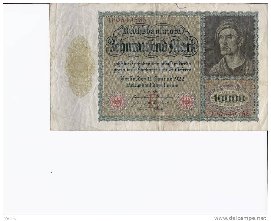 1922 U - Billet 10000 Mark - Allemagne - Série U : N° U.0649568 - 10.000 Mark