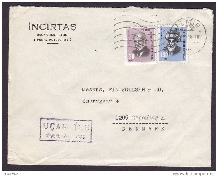 Turkey Ucak Ile Airmail Par Avion (Purple Boxed Cds.) INCIRTAS Bank, IZMIR 1969 Cover To COPENHAGEN Denmark - Posta Aerea