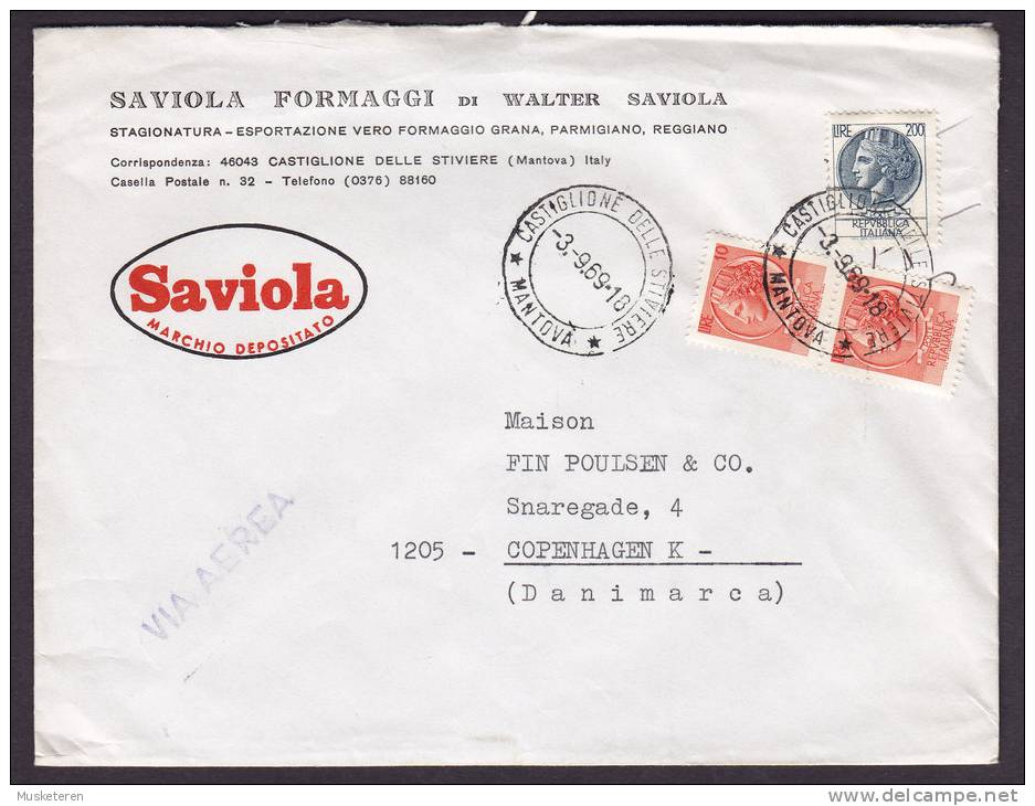 Italy Airmail Via Aerea SAVIOLA Marchio Depositato CASTIGLIONE DELLE STIVIERE (Mantova) 1969 Cover To Danimarca Denmark - Poste Aérienne