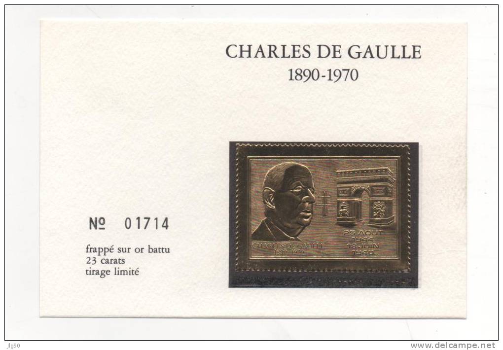 Timbre DE GAULLE En Or 23 Carat Vue 3/4 Face + Arc De Triomphe 25/08/44-18/06/40 - De Gaulle (General)