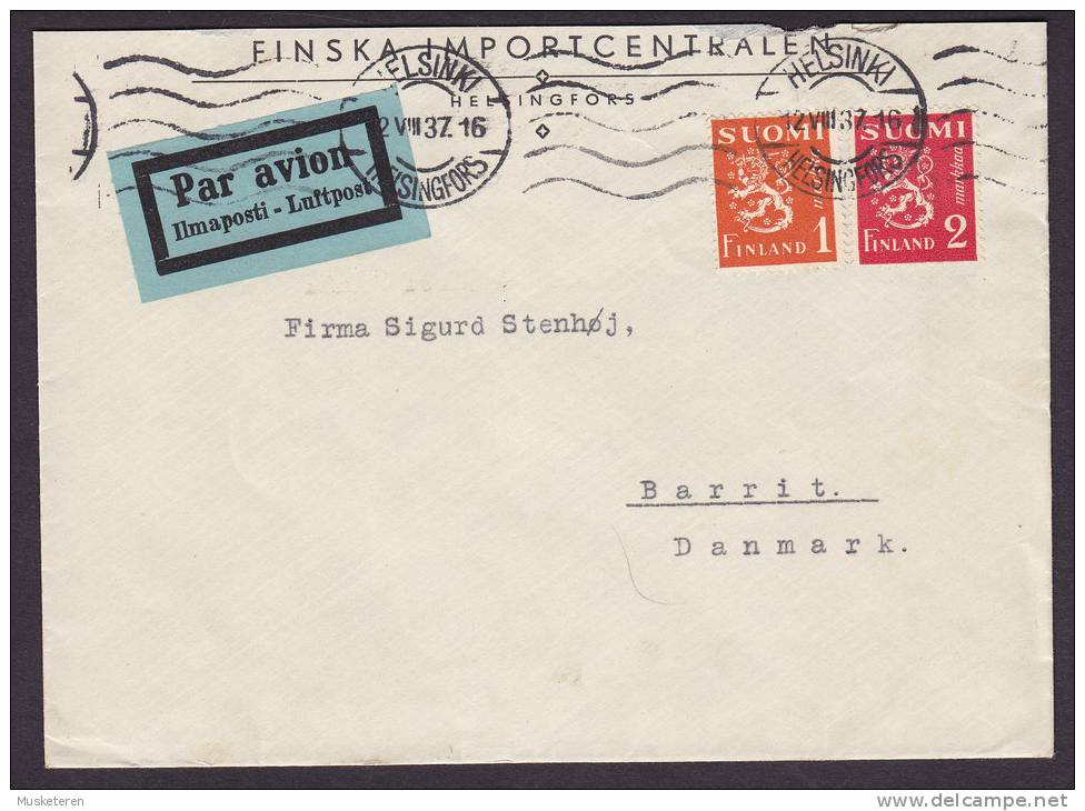 Finland FINSKA IMPORTCENTRALEN Par Avion Luftpost Label HELSINKI 1937 Cover To BARRIT Denmark (2 Scans) - Cartas & Documentos