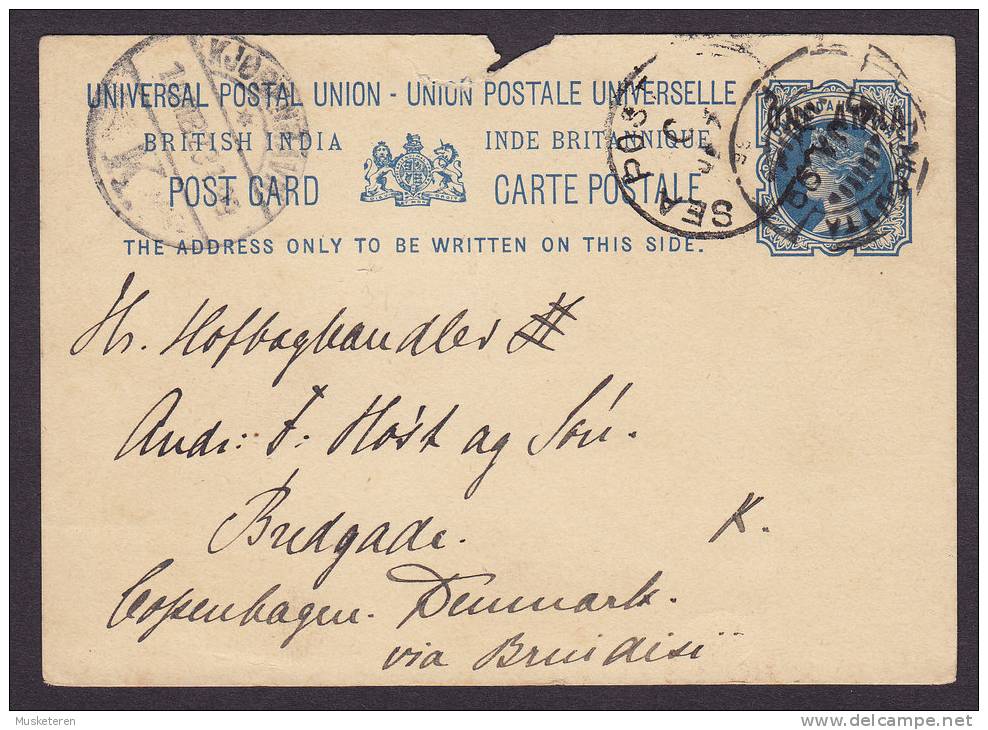 British India UPU Postal Stationery Ganzsache ONE ANNA Victoria Overprinted CALCUTTA 1899 To Denmark SEA POST OFFICE - 1882-1901 Empire